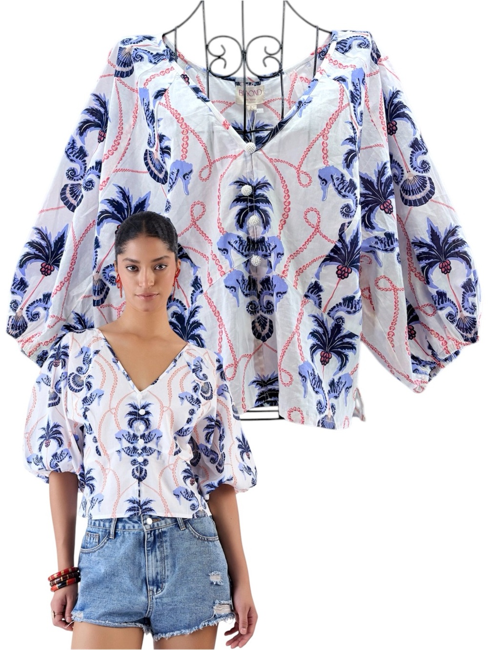 NEW Beyond By Vera Tropical Paradise V-Neck Peasant Blouse White & Blue Size L